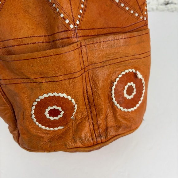 VTG Genuine Leather Drawstring Whipstitch Patchwork Bucket Bag Vintage - Picture 11 of 12